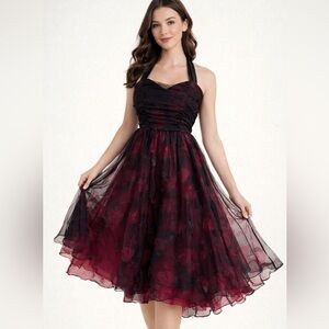 Lulus Black & Burgundy Floral Halter Sweetheart Ruched Tulle Cocktail Dress S